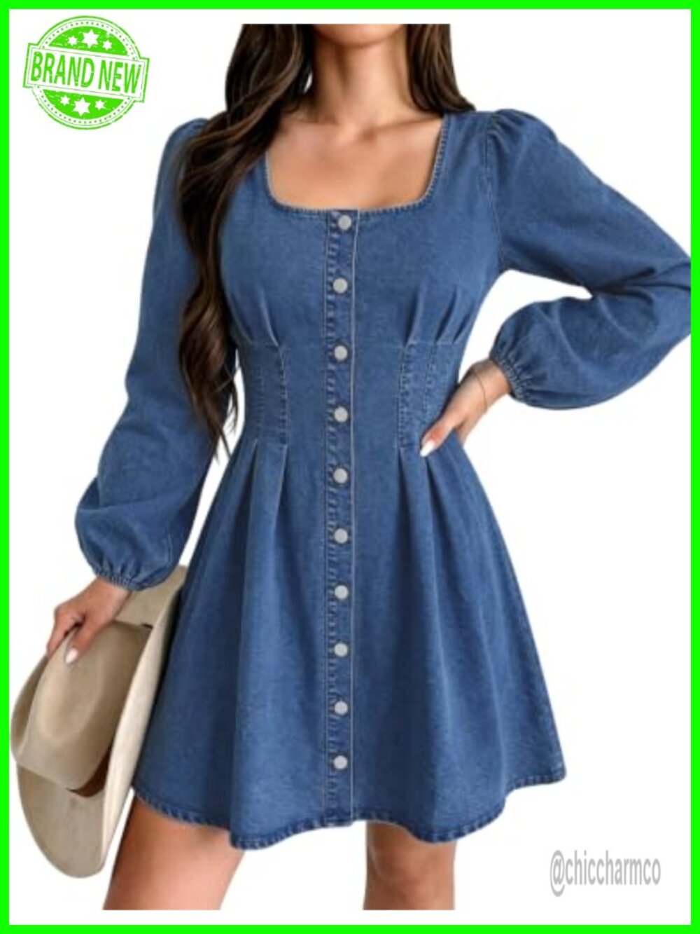 POTILI Long Sleeve Square Neck Cinched Waist Denim Mini Dress